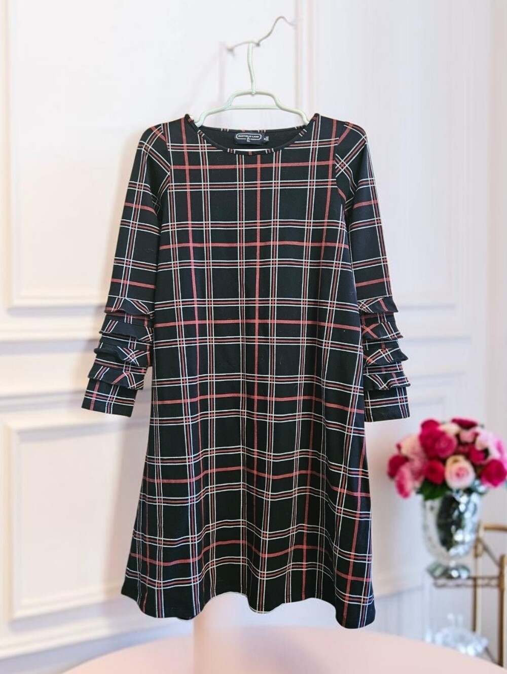 Duffield Lane Rawlings Dress Plaid Windowpane Ruffle Sleeve Black Red M